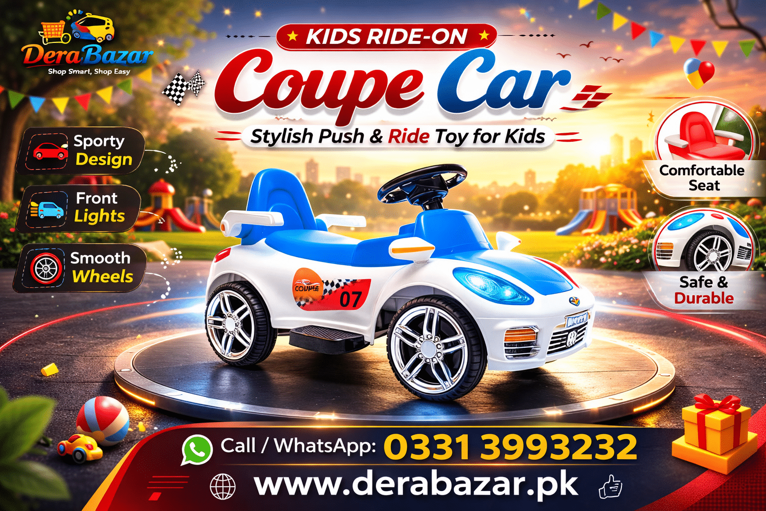 Kids Ride-On Coupe Car – Stylish Push & Ride Toy with Front Lights