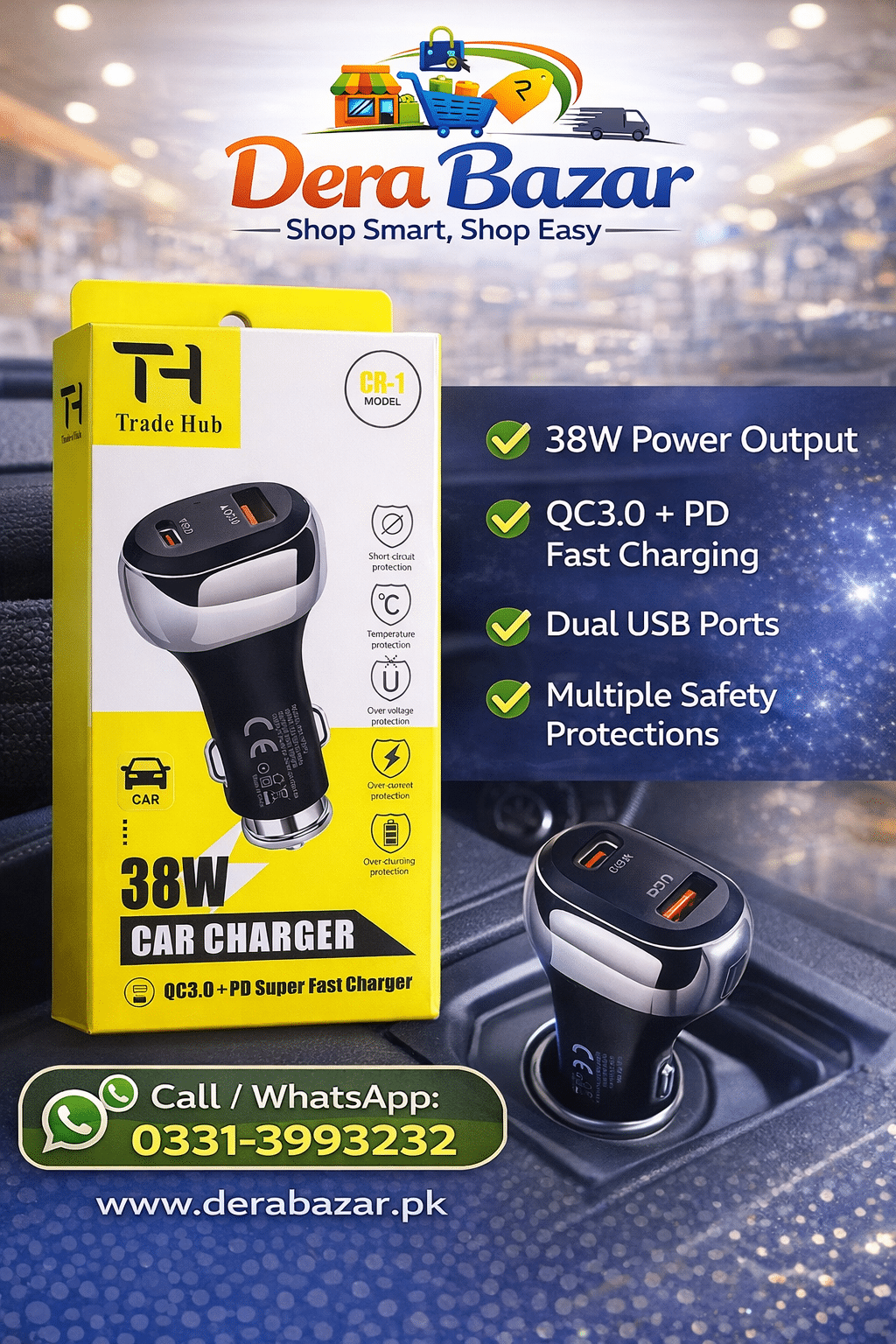 Trade Hub 38W Car Charger – QC3.0 + PD Super Fast Charging (CR-1 Model)