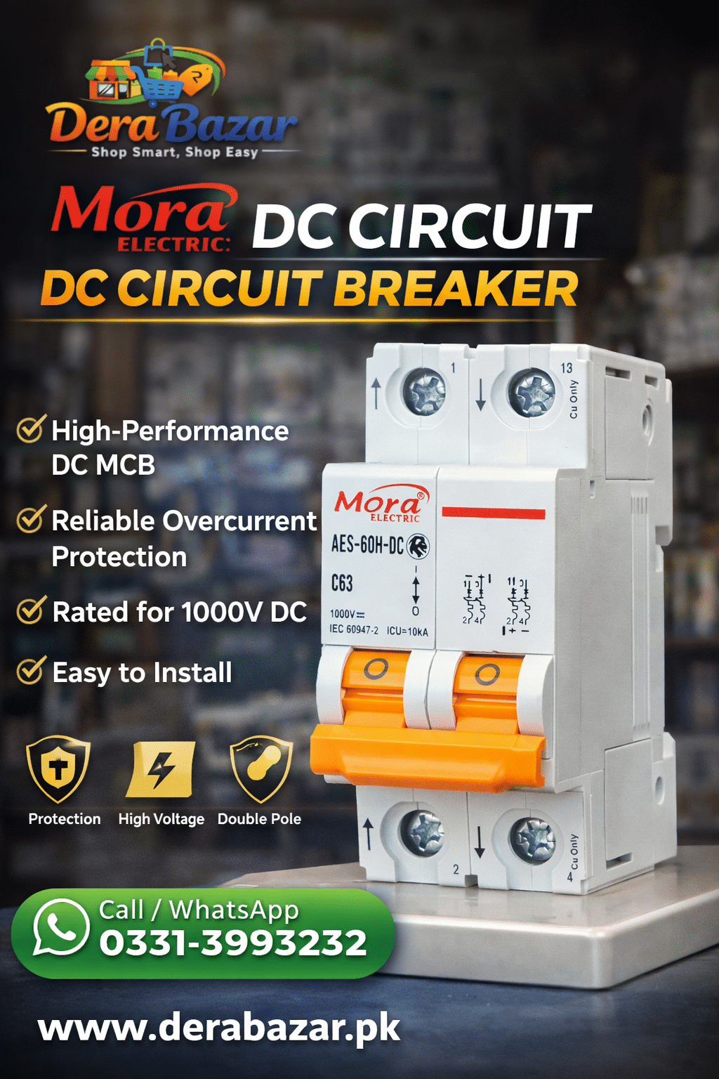 Mora Electric DC Circuit Breaker (AES-60H-DC C63) – 1000V Double Pole