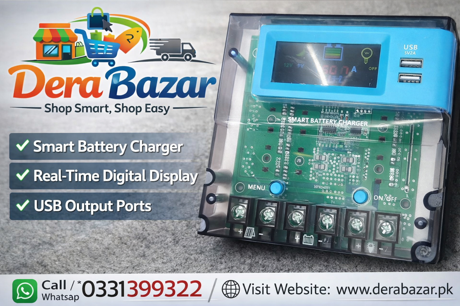 Smart Battery Charger with Digital Display & USB Ports