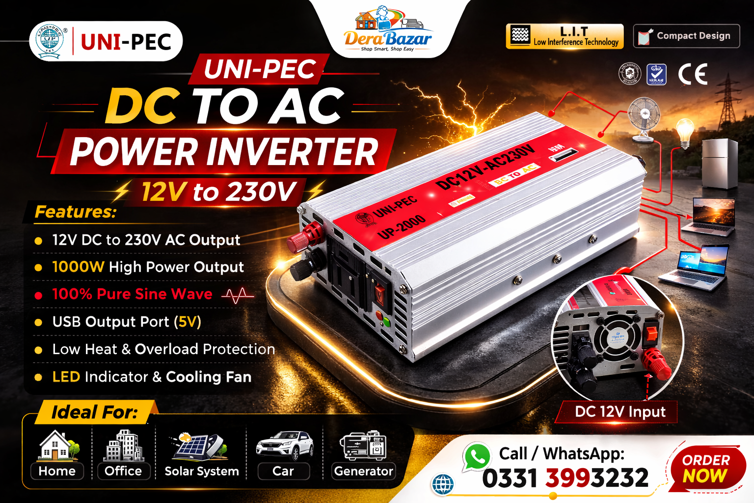 UNI-PEC UP-2000 DC to AC Power Inverter – 12V to 230V (2000W)