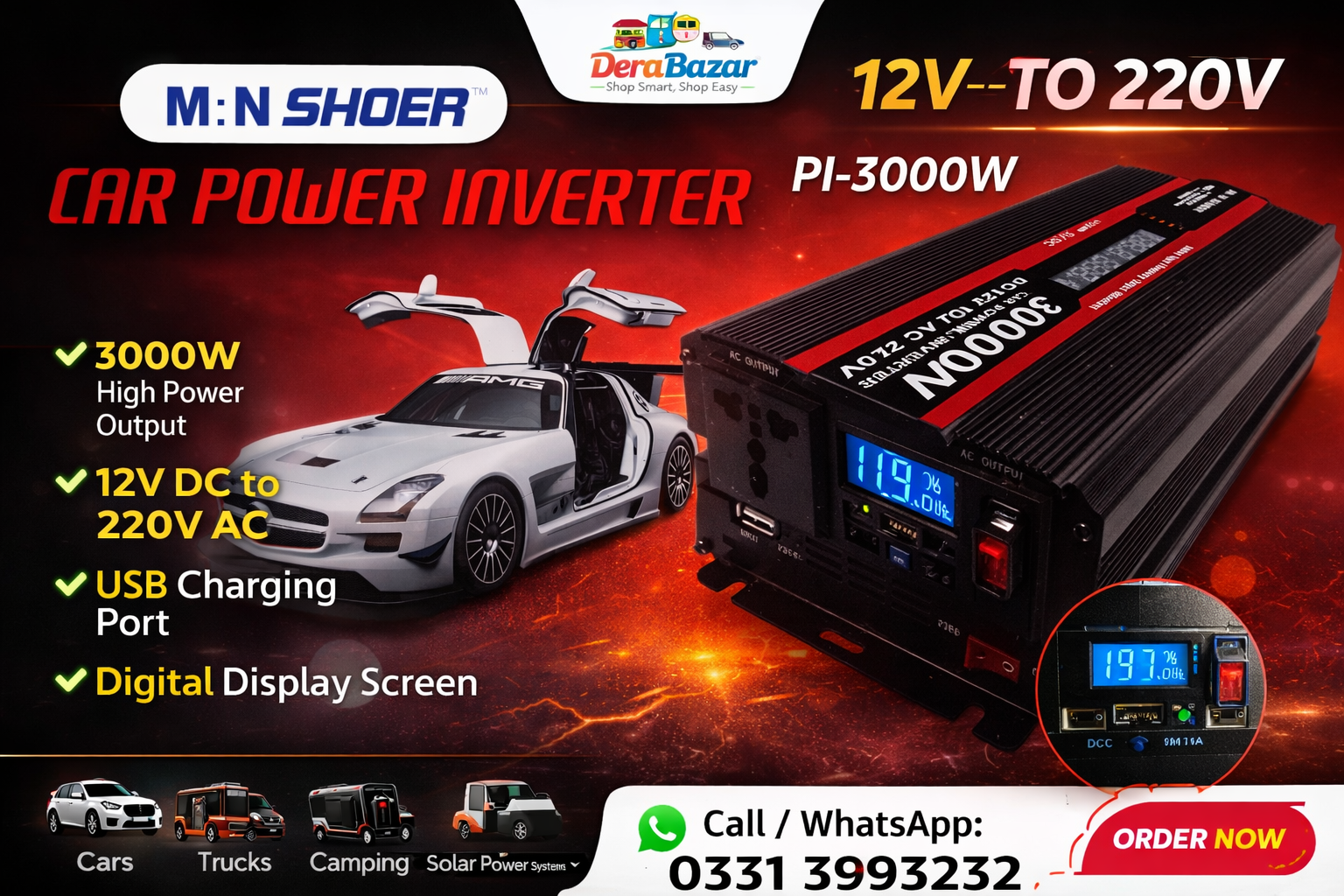 M.N SHOER PI-3000W Car Power Inverter – 12V to 220V (3000W)